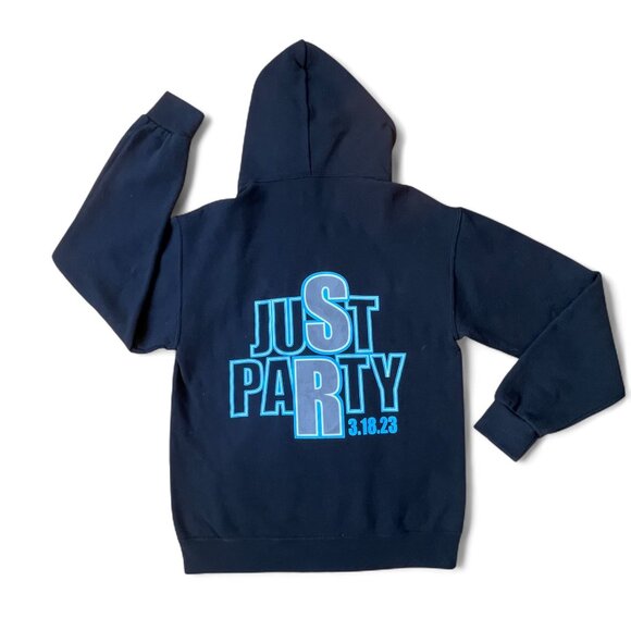 Jerzees NuBlend “JUST PARTY” Graphic Hoodie – Navy Blue, Size S - Picture 1 of 9